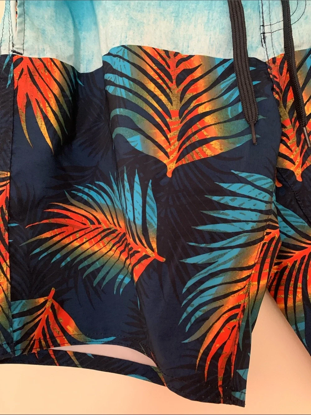burnside Light Blue & Navy Tropical Leaf Swim Trunks